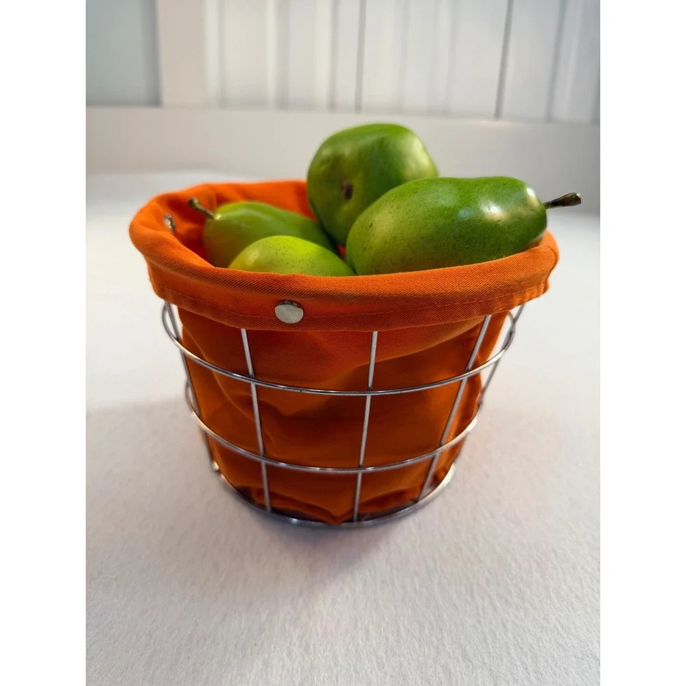 Modern Chrome Wire Basket with Orange Liner and 8 Artificial Green Pears Set